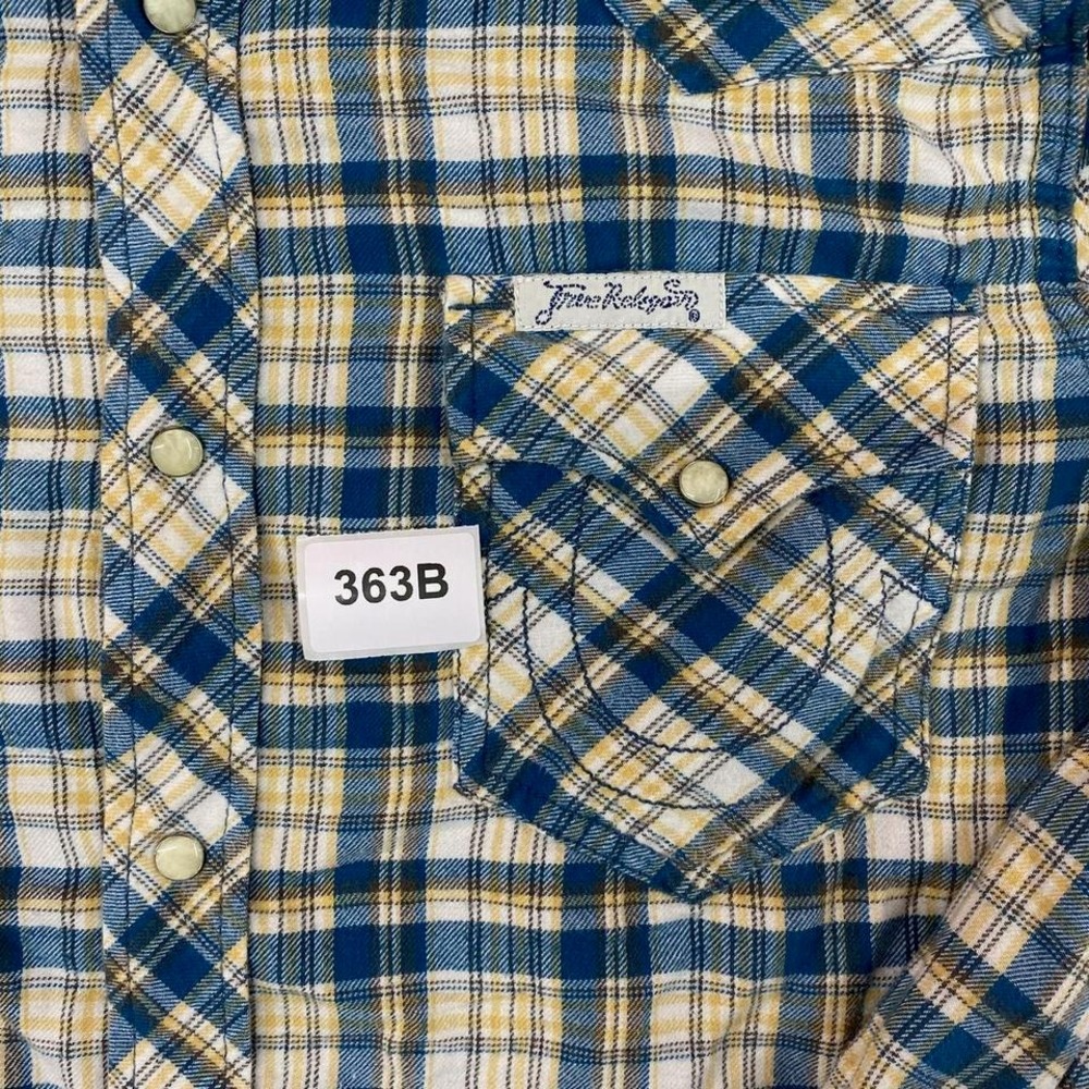 True‎ Religion Western Shirt Mens Blue Yellow Madras Plaid Pearl Snap Rodeo S - Picture 6 of 6